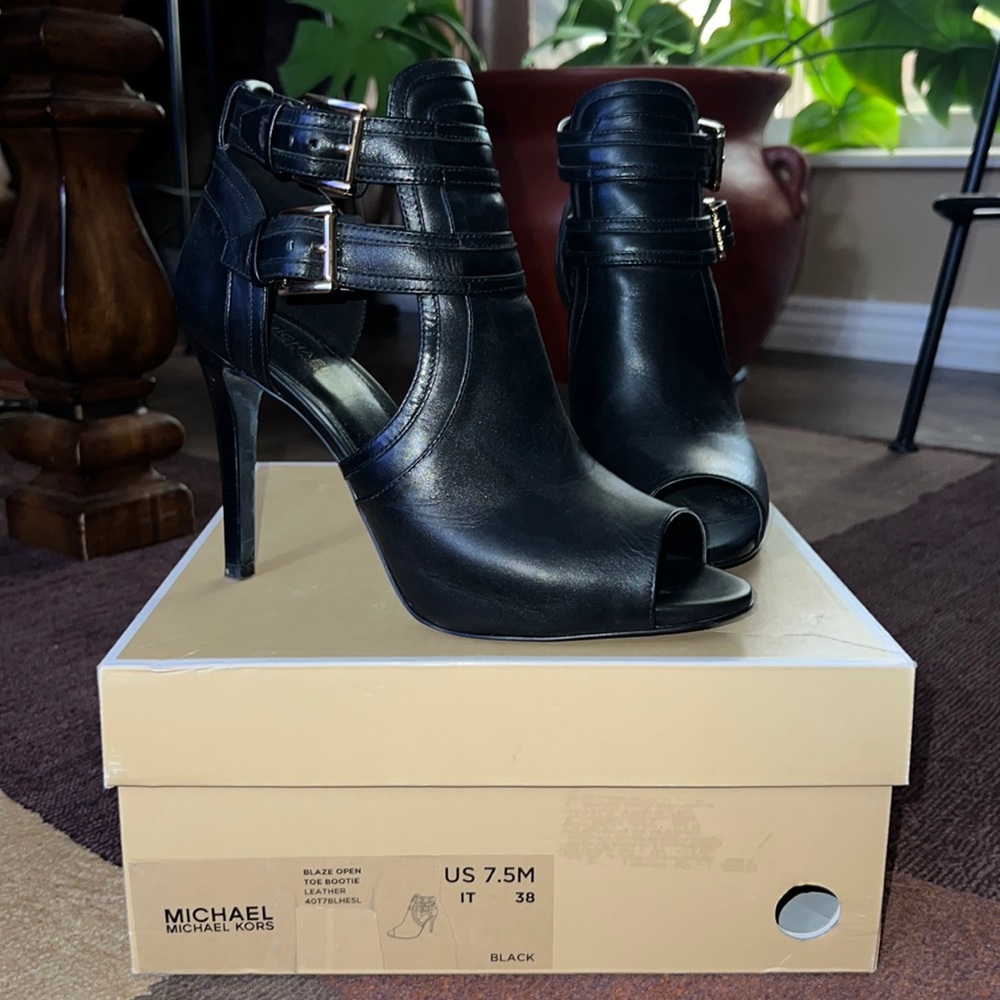 Michael Kors Blaze Open Toe Leather Bootie in Black